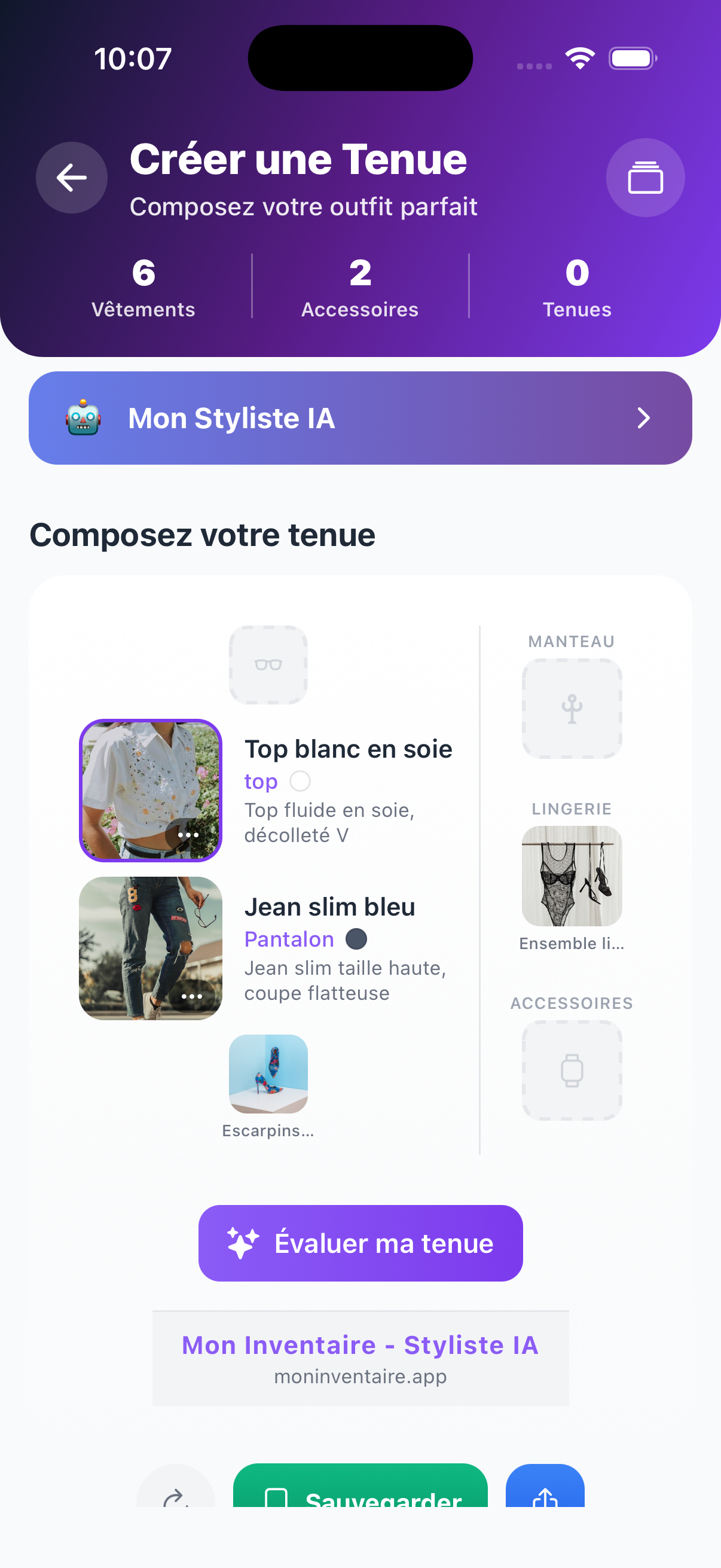IA créateur de tenues Mon Inventaire